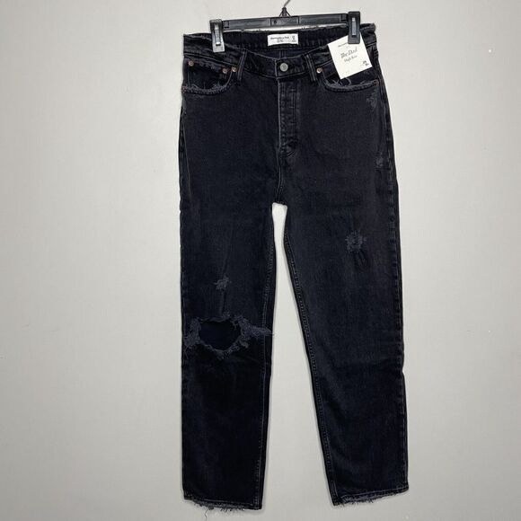 ABERCROMBIE & FITCH Womens Dad High-Rise Jeans NEW Black Destroy Button-Fly 29 - Picture 1 of 11